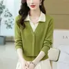 Suéter de Tricô Falso Duas Peças com Gola Polo para Mulheres, Novo Estilo Outono e Inverno, Color Block, High-End, Quente, Estilo Coreano, Top Curto Base