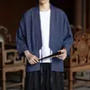 Mejorada bata de té Hanfu en azul mezclilla, estilo chino, mangas tres cuartos, corte holgado, talla grande, cárdigan fino estilo capa para hombre, adecuado para verano