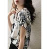 Camisa de Gasa con Cuello en V y Estampado de Tinta para Mujer de Manga Corta 2024 Nuevo Verano Francés Retro Diseño Holgado Top de Moda