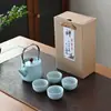 Bule de Chá Ge Ware com Esmalte Craquelado e Alça, Conjunto de Chá com Um Bule e Seis Xícaras, Conjunto Completo Kung Fu, Estojo de Couro Portátil para Viagem, Presente