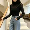 Camiseta básica de encaje para mujer de primavera y otoño, cuello alto con ribete de volantes, elástica, corte ajustado, textura plisada como una nube, elegante y larga