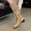 Botas de Montar Gruesas Caqui Elegantes de Tacón Alto hasta la Rodilla para Otoño e Invierno 2026 Botas de Gamuza Botas Largas Botas Arrugadas Calzado para Mujer