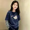 Camiseta de Manga Larga de Algodón Puro para Niñas Primavera y Otoño Estilo Coreano Moderna Estampado de Dibujos Animados Top para Niños Medianos y Grandes Capa Base Falso Dos Piezas