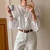 Camisa de Manga Longa com Gola de Renda Coreana com Renda em V no Peito para Mulheres, Camisa de Botão Interno Suave e Chique
