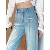 Jeans Elásticos de Pierna Ancha de Color Claro para Mujer, Delgados Verano 2025 Nuevo Estilo, Diseño de Diamantes Calientes, Pantalones Sueltos de Pierna Recta de Largo Completo