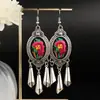Pendientes de Tela Bordada Estilo Étnico Pendientes Largos con Borlas Personalizados en Forma de Abanico para Mujer Pendientes Retro de Flor Miao
