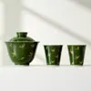Tazón Tapa Verde Esmeralda Estampado en Oro Orquídea Acuática de Otoño Juego de Té Kung Fu, Tendencia Nacional Uso Doméstico Tazón de Té de Porcelana Blanca, Tazón Tapa de Cerámica