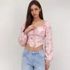 Top Quadrado Estilo Europeu para Mulheres Rosa Floral Manga Bufante Cropped Cadarço Recorte Camisa Casual