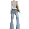 Jeans de campana retro lavados con estampado de leopardo azul claro estilo americano para mujer, nueva colección verano y otoño 2026, corte ajustado, elásticos y de campana