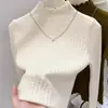 Tecido de fio fiado no núcleo, gola semi-alta, acabamento franzido, blusa de malha para base para mulheres, caimento justo, elegante e modeladora, manga longa