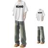 Conjunto de Verão Masculino Americano com Calça de Manga Curta e Jeans High Street Elegante Conjunto de Duas Peças para Estudantes Homens