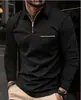 Camisa Polo Masculina de Cor Pura com Mangas Longas para Primavera e Outono, Calça Casual com Bolso de Aba Estampado 3D e Zíper, Top Masculino