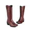 Botas de Mujer de Caña Alta con Tacón Medio, Punta Fina, Versátiles sin Cordones, Estilo Western, Tacón Cuadrado, Color Sólido, Cuero, para Comercio Exterior, Otoño/Invierno