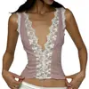 26 Nuevo Chaleco Sexy de Encaje con Tirantes Profundos en V Estilo Europeo y Americano para Mujer, Primavera y Verano, Corte Ajustado, Ceñido a la Cintura, Estilo Corto, Top sin Mangas Estilo Chica Caliente