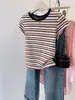 Comércio Exterior Transfronteiriço Atacado 92% Algodão Listrado Petite Ombro Normal Manga Curta Camiseta Feminina Slim Fit Elegante Base Top