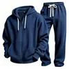 Conjunto de duas peças masculino, popular na Europa e América, de tricô waffle, cor sólida, manga longa e calça longa, esportivo, simples, versátil, casual