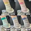 Calcetines a rayas color dopamina para mujer, calcetines nuevos de estilo coreano hasta la mitad de la pantorrilla con etiquetas de tela de gatito de dibujos animados lindas, calcetines apilados