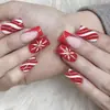 Armadura de Vestir de Natal Retangular Média Listrada Vermelha e Branca com Glitter Lado Francês Floco de Neve Unhas Postiças Removíveis
