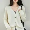 Cárdigan de punto de algodón puro con cuello en V simple para mujer, de manga larga, adecuado para primavera y otoño, versátil, adelgazante, chaqueta suéter abotonada
