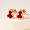Collar de Calabaza Qilin Edición Artesanal Fina V Dorada Wulu Tamaño Mediano Nácar Blanco Ágata Roja Chapado en Oro Rosa de 18K Grabado de Precisión CNC