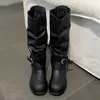 Botas Largas Negras Retro de Plataforma con Tacón Grueso para Mujer 2026 Nuevo Estilo Par para Aumentar la Altura de Personas Petitas con Faldas Botas de Montar
