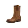 Botas de chimenea de piel de vaca de capa superior para mujer, nuevo estilo de otoño, botas de cuero genuino con punta redonda, tacón medio, slip-on, efecto desgastado, botas de montar de media pantorrilla para mujer