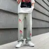 Jeans masculino primavera e outono 2022 solto reto perna larga calça de cós baixo estilo coreano moderno ins calças bordadas