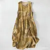 Vestido Casual de Algodão Puro com Estampa Digital Nova, Gola Redonda, Sem Mangas, Comprimento Médio, Para Mulheres, Verão na Praia