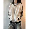 Chamarra a rayas de bloques de color, unisex, colección de otoño, cárdigan de punto texturizado, sudadera con cuello alto, atuendo de pareja estilo americano, top estilo preppy