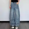 Marca trendy transfronteiriça 2026 novo nicho estilo de rua fivela nervurada de metal corte solto curvo unissex perna larga jeans trendy