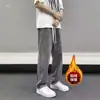 Calça jeans transfronteiriça com cós elástico para homens, forrada com fleece para outono/inverno, estilo streetwear americano, calça casual larga da moda, calça comprida de perna reta