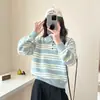 Suéter a rayas para mujer, adecuado para otoño, se puede usar como capa exterior o interior, con cuello polo, tejido, bloques de color, top de manga larga para figuras petite, gris, talla única
