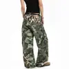 Calça jeans camuflada com estampa de leopardo desconstruída estilo americano transfronteiriça para homens e mulheres, nova marca da moda primavera e outono, calça de trabalho casual reta solta