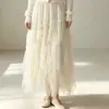 Saia de tule com renda irregular em linha A, um novo design de outono com barra evasê e saia plissada