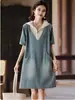 Vestido de Mezclilla para Mujer 2025 Verano Nuevo de Longitud Media de Manga Corta Casual Cintura Estilizadora Falda Tendencia Color de la Foto