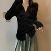 Top de punto para mujer con cuello en V, plisado, manga larga, diseño nuevo Otoño 2024, nicho, sexy, efecto adelgazante y chic