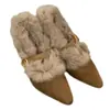 Zapatos Peludos de Punta Fina para Mujer 2026 Nuevo Temperamento Retro Gamuza Cuña Zapatos de Salón de Una Correa Mary Jane con Forro Polar Añadido