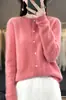 Cárdigan 100% lana, nuevo estilo otoño/invierno, cuello redondo, ribete de encaje, diseño de punto calado a la moda, corte holgado, suéter de punto de manga larga para mujer