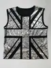 Chaleco Corto Sin Mangas con Estampado Union Jack Plateado Agrietado Estilo Punk Rock Cuello Redondo Ajustado Camiseta de Tirantes Corta
