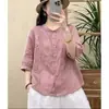 Camisa Bordada de Algodón Lino Artística Retro para Mujer 2026 Verano Delgado Transpirable Manga de Cinco Puntas Top Suelto Adelgazante