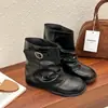 Versión de Cuero Suave~Botas Apiladas Arrugadas Retro con Hebilla de Cuero Botines Cortos Botas de Pantalón Adelgazantes para Mujer Tacón Grueso Botas Western Maillard