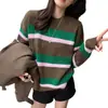 Suéter de Punto con Rayas Redondo de Manga Larga Estilo Coreano 2025 Nuevo Talla Grande Versátil Jersey Casual para Mujer con Bloques de Color y Tendencia de Estilo Perezoso