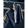Sudadera con capucha de punto gris con tres rayas y estampado de flor blanca para hombre, Otoño, Cleanfit, Ropa deportiva, Chaqueta de pareja americana