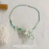 Colar de Flores Bordadas Verde Menta para Primavera e Verão para Mulheres, Doce e Fresco, Corrente Delicada para Clavícula, Corrente de Pescoço Versátil Estilo Floresta de Luxo Leve