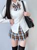 Uniforme JK Estilo Academia Japonesa Camisa Branca de Manga Longa com Decote em V com Design Acinturado, Conjunto Versátil de Saia Xadrez, Sem Amassar e Doce