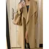 Casaco de lã cinza dupla face para mulheres, novo estilo inverno 2026, lapela grande, casaco de lã casual de comprimento médio estilo coreano