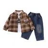 Conjunto Informal Trendy Genial Estilo Coreano para Niños 2026 Otoño Nuevo de Comercio Exterior Traje de Tres Piezas a Cuadros de Manga Larga para Niños
