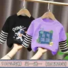 Camiseta de Manga Longa para Meninos Algodão Puro Patchwork Listrado 2026 Nova Primavera e Outono Crianças Médias e Grandes Estilo Coreano Gola Redonda Camada Base