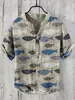 Nova Camisa Estampada Vida Marinha Estilo Chinês AliExpress Comércio Exterior Top Masculino Gola V Manga Curta 3 Botões