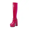 Botas Altas para Mujer, Charol, Suela Gruesa, Tacón Grueso, Tacón Súper Alto, Hebilla de Cinturón, Bloques de Color, Botas Largas Hasta la Rodilla, Botas de Moda para Mujer (Estilo Martin)
